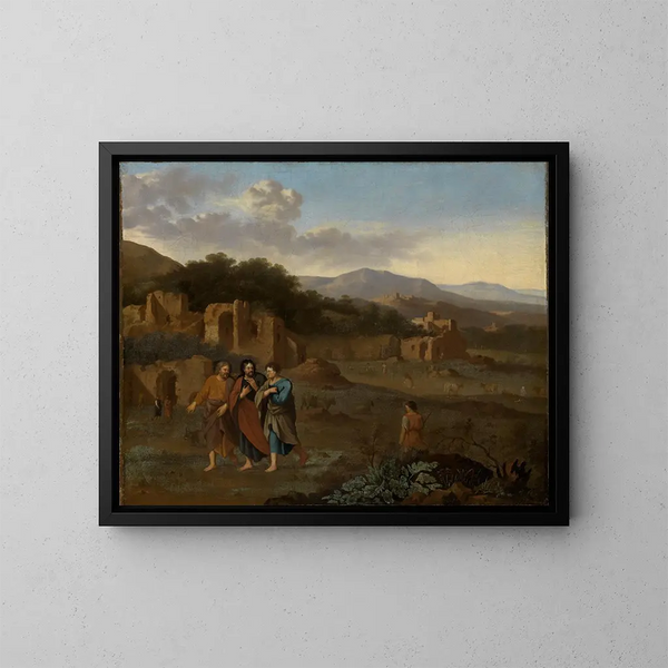 Mountain landscape painting with Christ and the two disciples on the way to Emmaus - Cornelis van Poelenburg — framed artwork on a wall