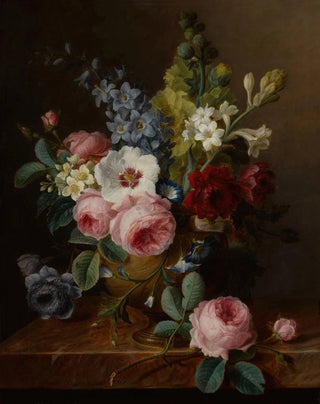 Flower Still Life Painting in a Vase on a Marble Ledge Featuring Roses, Hibiscus, Campanulas, Foxgloves, and Anemones - Cornelis van Spaendonck — artwork view