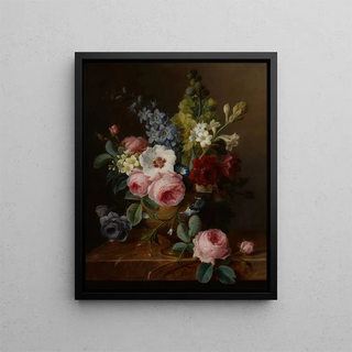 Flower Still Life Painting in a Vase on a Marble Ledge Featuring Roses, Hibiscus, Campanulas, Foxgloves, and Anemones - Cornelis van Spaendonck — framed artwork on a wall
