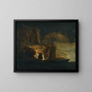 Figures around a fire on the riverbank under an urban fortification at night - Cornelis van der Schalcke — framed artwork on a wall