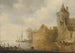 River landscape painting with a tower and village buildings behind a wall - Cornelis van der Schalcke — artwork view