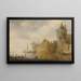 River landscape painting with a tower and village buildings behind a wall - Cornelis van der Schalcke — framed artwork on a wall