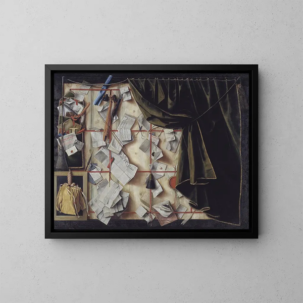 Trompe-l'œil painting of a letter carrier with proclamation by Frédéric III - Cornelius Norbertus Gijsbrechts — framed artwork on a wall