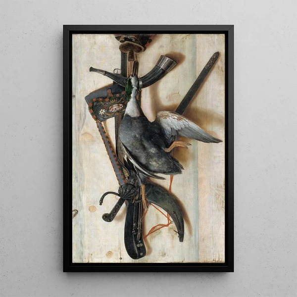 Trompe-l'œil with dead duck and hunting accessories - Cornelius Norbertus Gijsbrechts — framed artwork on a wall