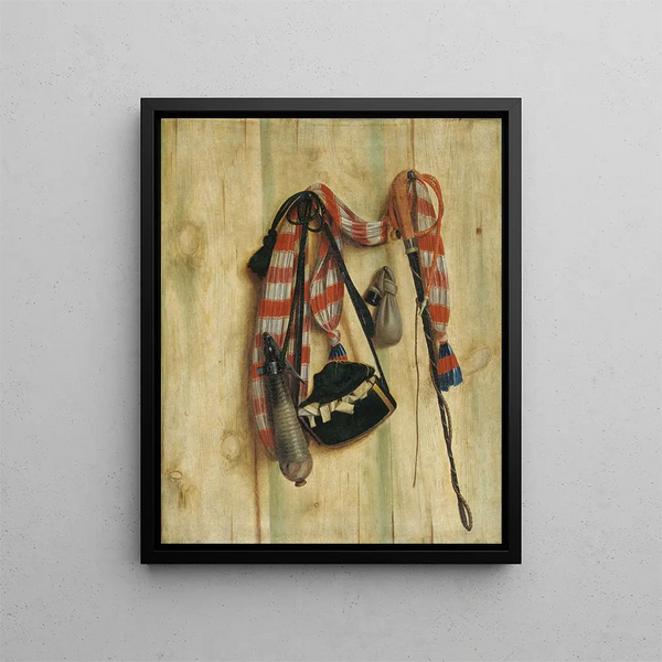 Trompe-l'œil with riding crop and letter bag - Cornelius Norbertus Gijsbrechts — framed artwork on a wall