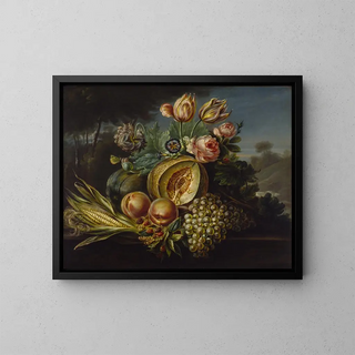 Still life with fruits and flowers - Cornelius de Beet — framed artwork on a wall