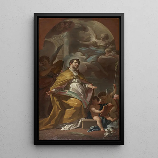 Bishop saint in prayer - Corrado Giaquinto — framed artwork on a wall