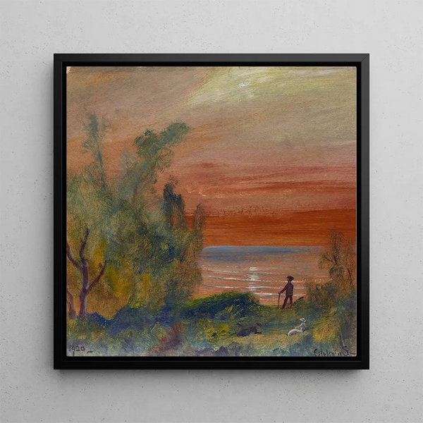 Sunset with a man standing on the shore - Louis Michel Eilshemius — framed artwork on a wall