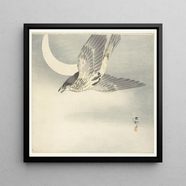 Coucou sous la lune croissante - Ohara Koson — framed artwork on a wall