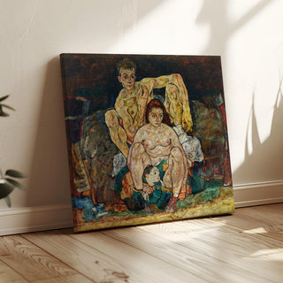 Couple humain accroupi La famille - Egon Schiele | Reproduction Tableau Décoration murale affiche copie