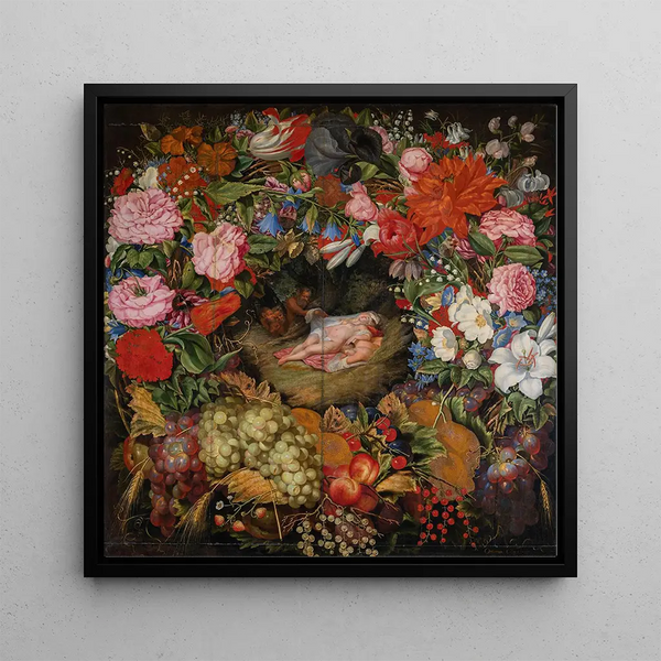Crown of flowers and fruits with a center after Rubens - Ottmar Elliger — framed artwork on a wall