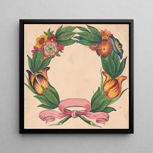 Crown made of flowers tied with a ribbon at the base - William Wood Thackara — framed artwork on a wall