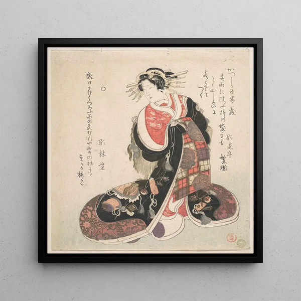 Courtesan wearing an elaborately embroidered dress with good luck symbols - Kubo Shunman — framed artwork on a wall