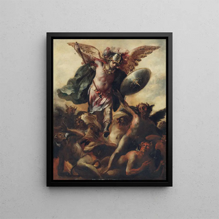Saint Michael Vanquishing the Devil - Cristóbal de Villalpando — framed artwork on a wall