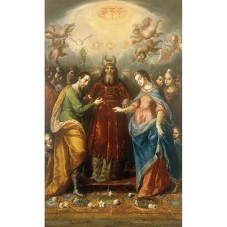 The Annunciation of the Virgin with Saint Joseph - Cristóbal de Villalpando — framed artwork on a wall