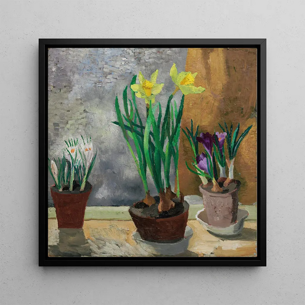 Crocus and daffodils in pots - Christopher Wood — framed artwork on a wall