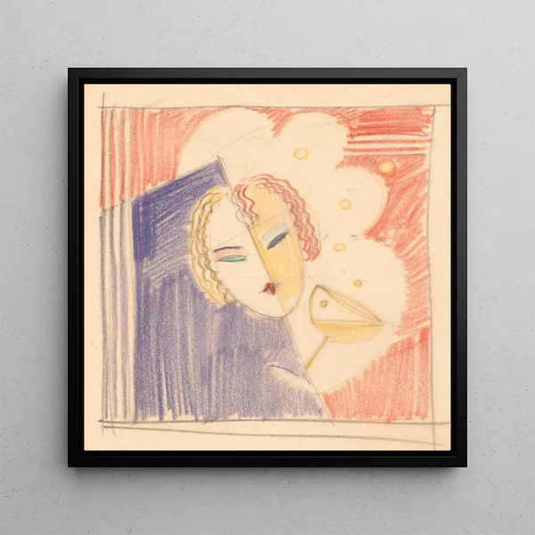 Croquis divers pour dessus de table incrustés avec visage féminin et boisson cocktail - Winold Reiss — framed artwork on a wall