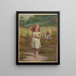 Petite fille et petit garçon cueillant des fruits et des fleurs - Crosby — framed artwork on a wall