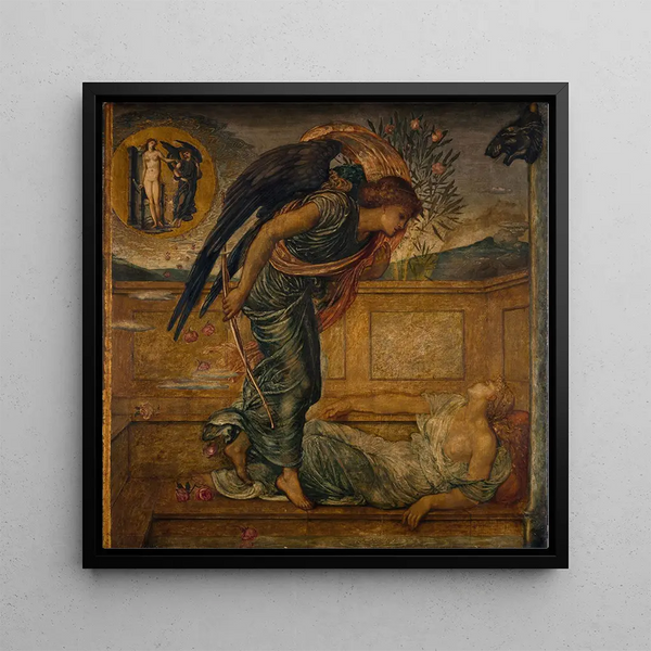 Cupid finding Psyche asleep near a fountain - Sir Edward Coley Burne-Jones — framed artwork on a wall