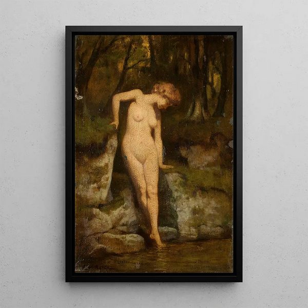 Female nude painting in front of a landscape - Curt Agthe — framed artwork on a wall