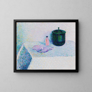 Still life with bowl, flask, and box with lid - Curt Herrmann — framed artwork on a wall