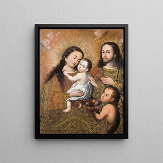 the Holy Family with Saint John and a goldfinch - School of Cusco — framed artwork on a wall