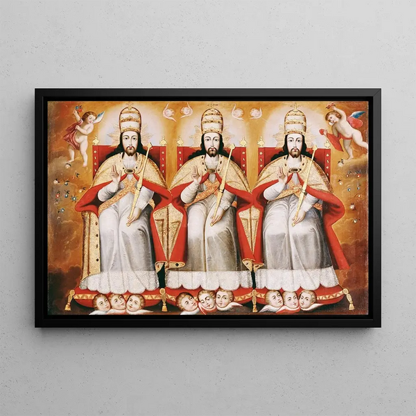 La Trinité en majesté sous trois figures identiques - Ecole de Cusco — framed artwork on a wall