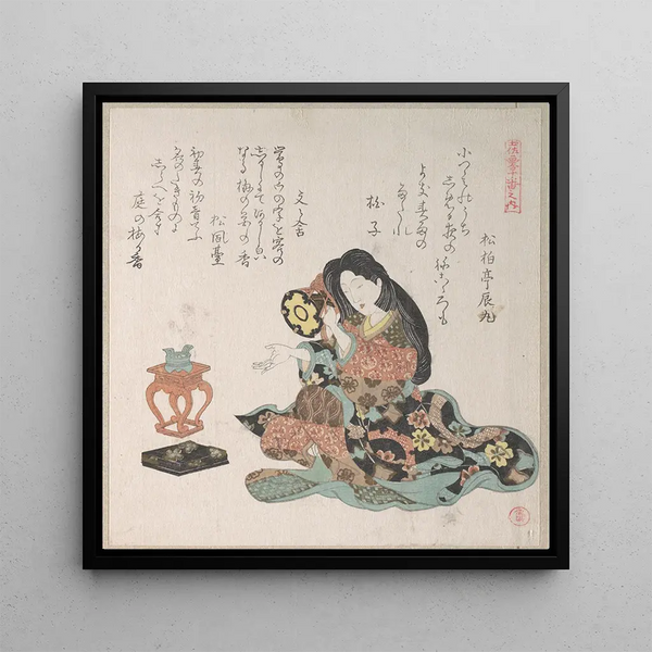 Dame battant un tambour à main Tzusumi à côté de l'encensoir - Kubo Shunman — framed artwork on a wall