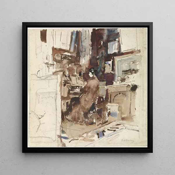 Lady in the Workshop Behind an Harmonium - George Hendrik Breitner — framed artwork on a wall