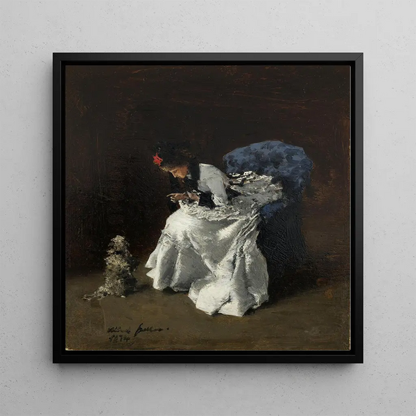 Dame en fine garde-robe avec un chien - Albert von Keller — framed artwork on a wall