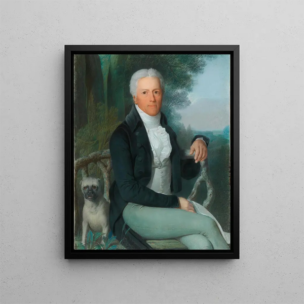 Portrait of the Prussian statesman, Prince Karl August von Hardenberg (1750-1822), in the park of his Tempelhof estate, near Berlin - Daniel Caffé — framed artwork on a wall