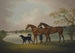 a pair of hunters held by a groom with a Newfoundland dog near a lake - Daniel Clowes — artwork view