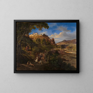 Château d'Eberstein near Gernsbach with a medieval hunt - Daniel Fohr — framed artwork on a wall
