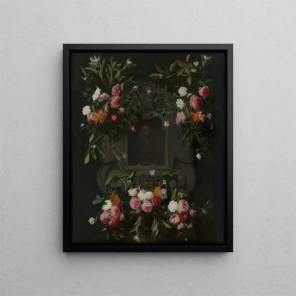 Portrait of the stadtholder, King William III (1650-1702), surrounded by a garland of flowers - Daniel Seghers — framed artwork on a wall
