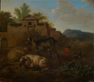 Chèvres et moutons avec des bergers musiciens dans un paysage - Daniel de Bondt — artwork view