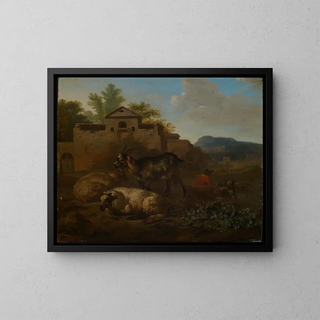 Chèvres et moutons avec des bergers musiciens dans un paysage - Daniel de Bondt — framed artwork on a wall
