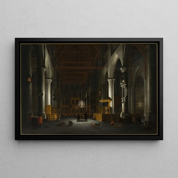 Interior church painting with candlelight - Daniël de Blieck — framed artwork on a wall