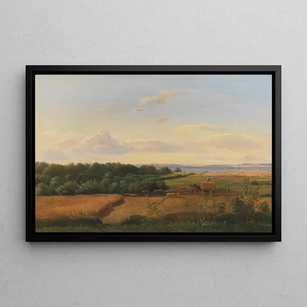 Landscape painting of Fionie during harvest time with Wedellsborghoved in the background - Dankvart Dreyer — framed artwork on a wall