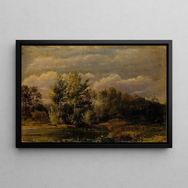 a forest lake surrounded by birch trees study - Dankvart Dreyer — framed artwork on a wall