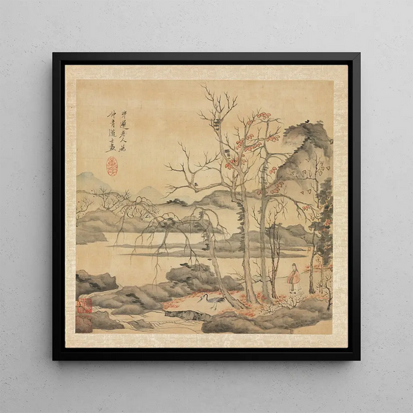 Daoist painting and crane in an autumn landscape - Chen Hongshou — framed artwork on a wall