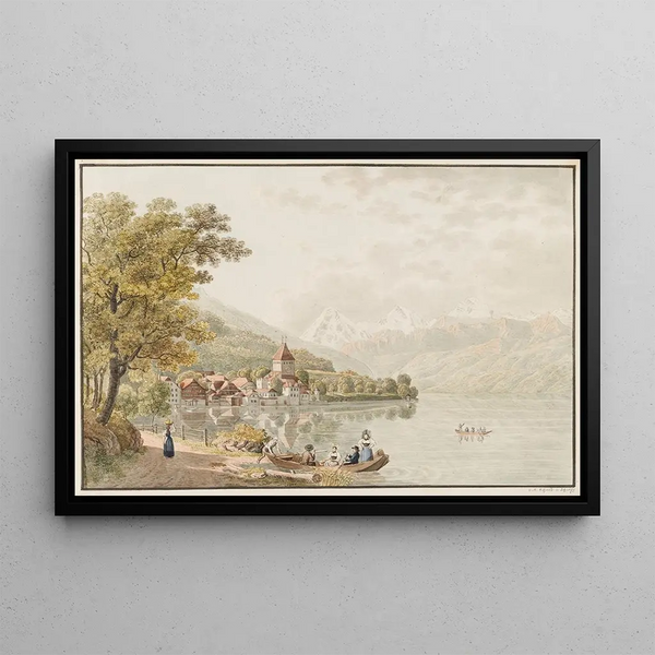 View of Oberhofen on Lake Thun - David Alois Schmid — framed artwork on a wall
