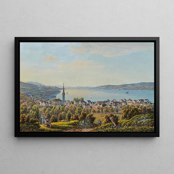 View of Horgen, Lake Zurich - David Alois Schmid — framed artwork on a wall