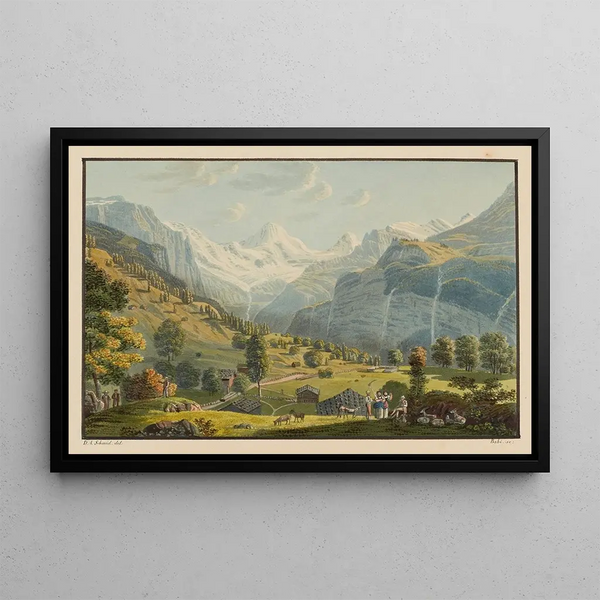 Vue prise au passage de Wengernalp vers le fond de la vallée de Lauterbrunnen - David Alois Schmid — framed artwork on a wall