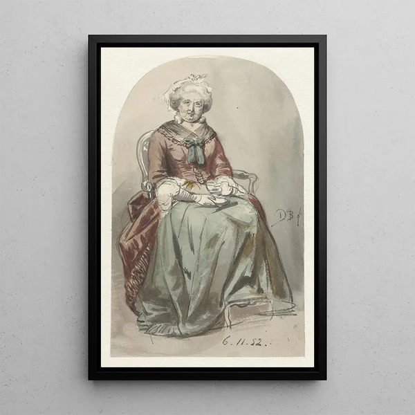 Old lady sitting - David Bles — framed artwork on a wall