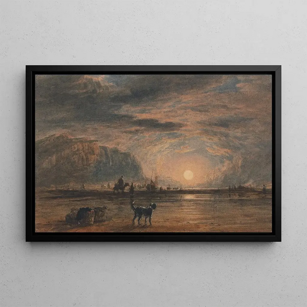 Beach scene at sunrise - David Cox — framed artwork on a wall