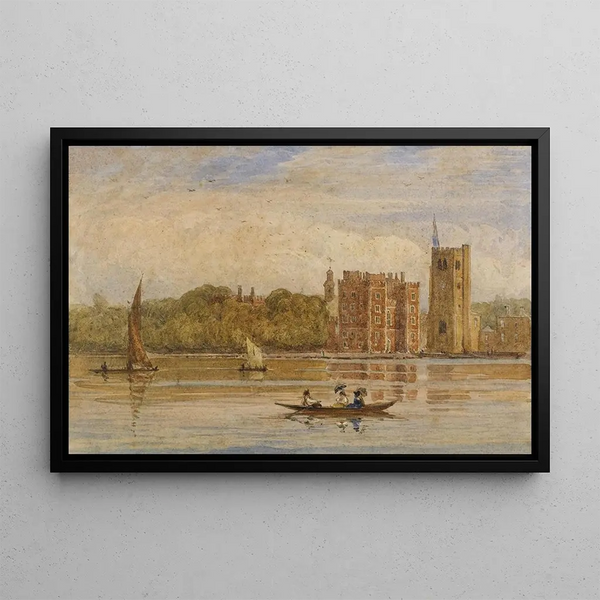a boat in front of Lambeth Palace, London - David Cox — framed artwork on a wall