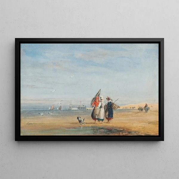 Calais Beach with Shrimp Fishermen and a Dog - David Cox — framed artwork on a wall