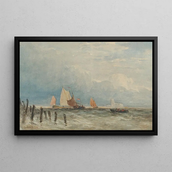 Dutch fishing boats offshore with the Grote Kerk of Dordrecht in the distance - David Cox — framed artwork on a wall