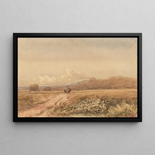 Cavalier sur un chemin près du château de Bolsover, Derbyshire - David Cox — framed artwork on a wall