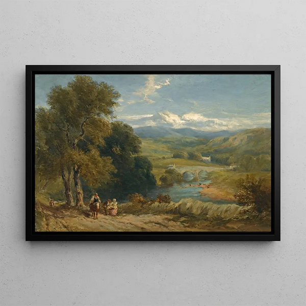 Landscape painting with distant view of Bolton Abbey, Yorkshire, and the River Wharfe - David Cox — framed artwork on a wall